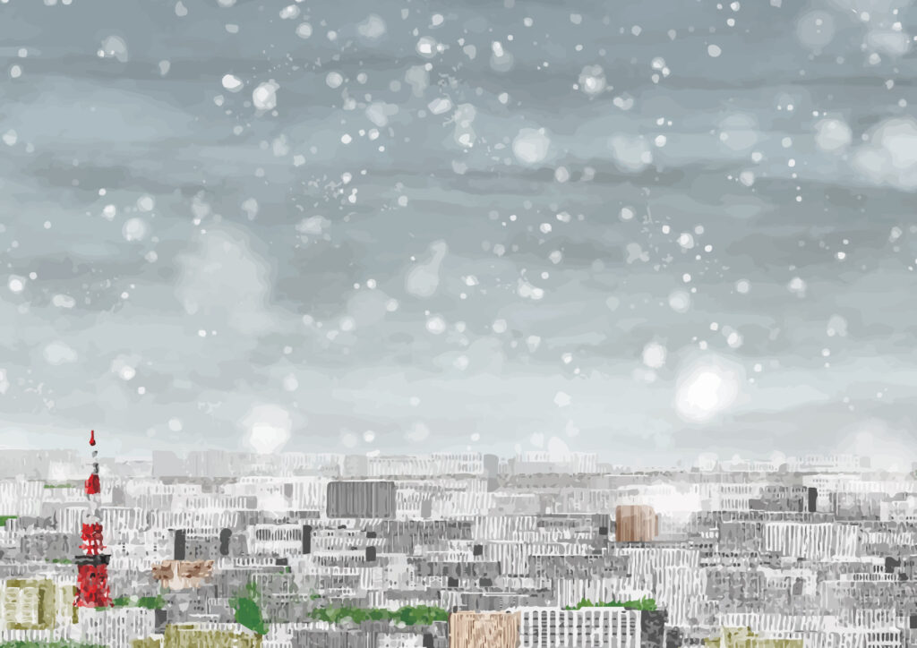 雪が降る東京の景色のイラスト